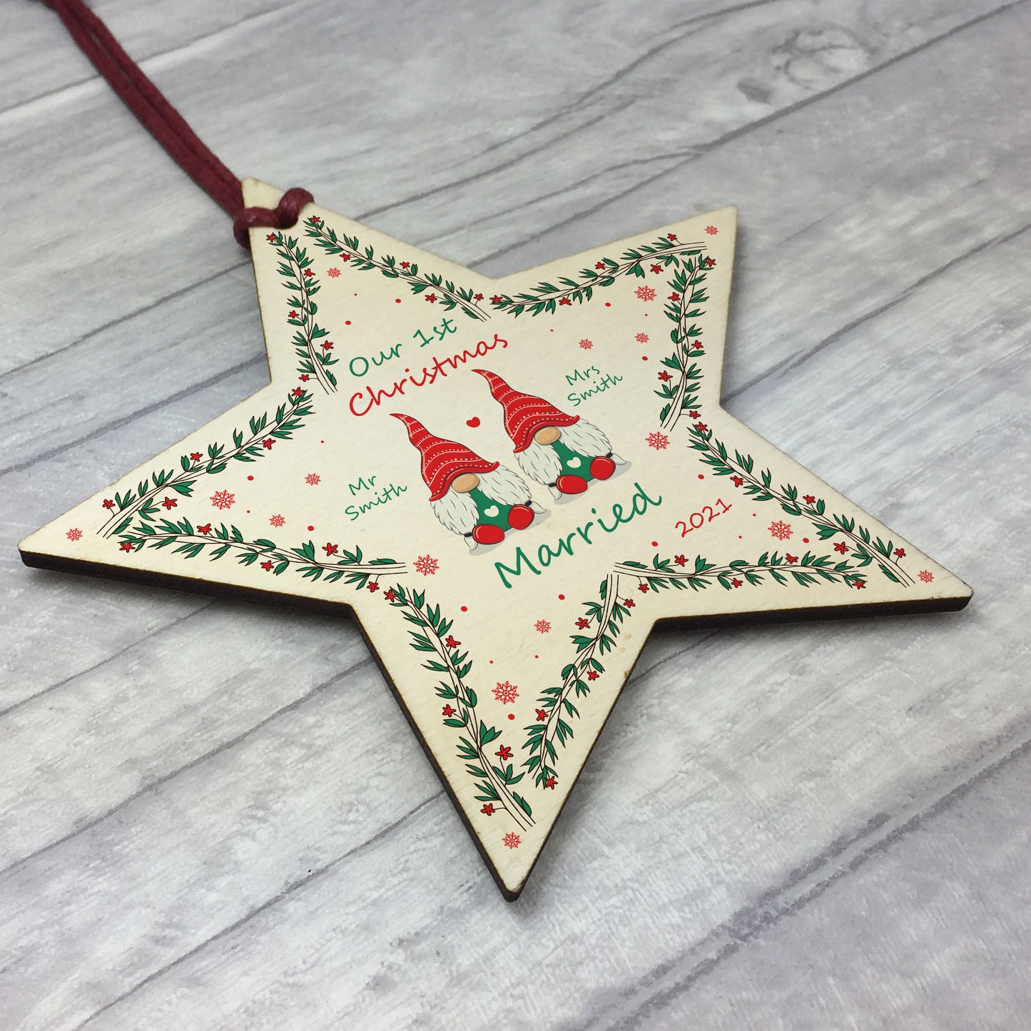 1st Christmas Married Wood Bauble Star Personalised Couple Gift