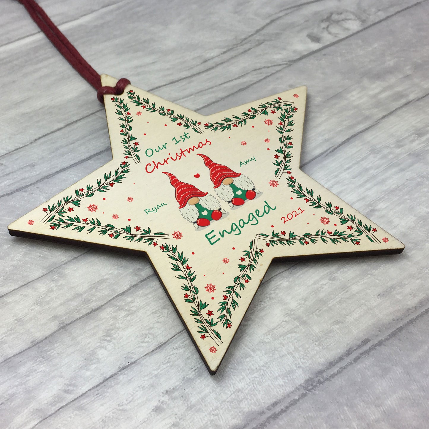 1st Christmas Engaged Wood Bauble Star Personalised Gift