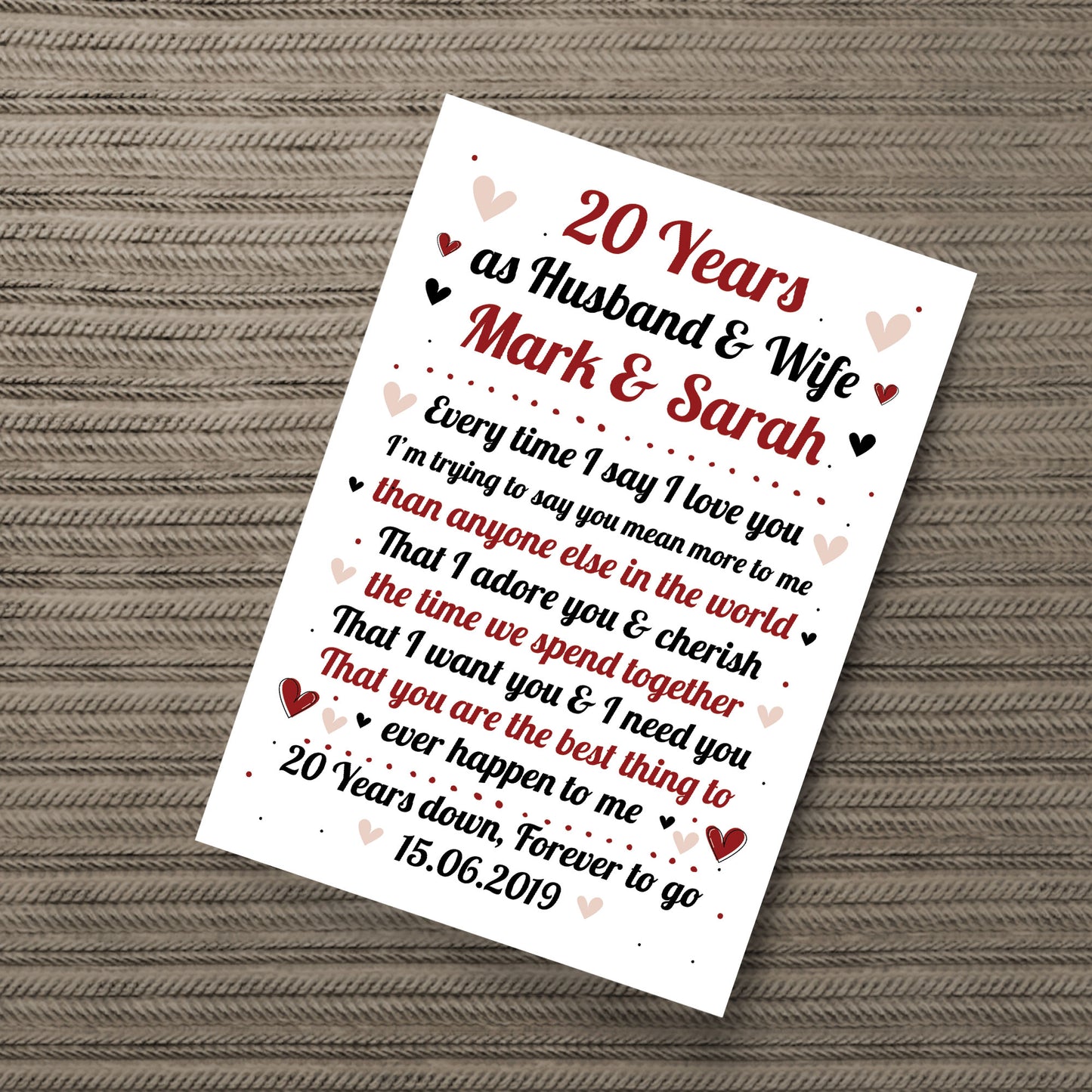 20th Wedding Anniversary Gift For Husband or Wife Print Keepsake