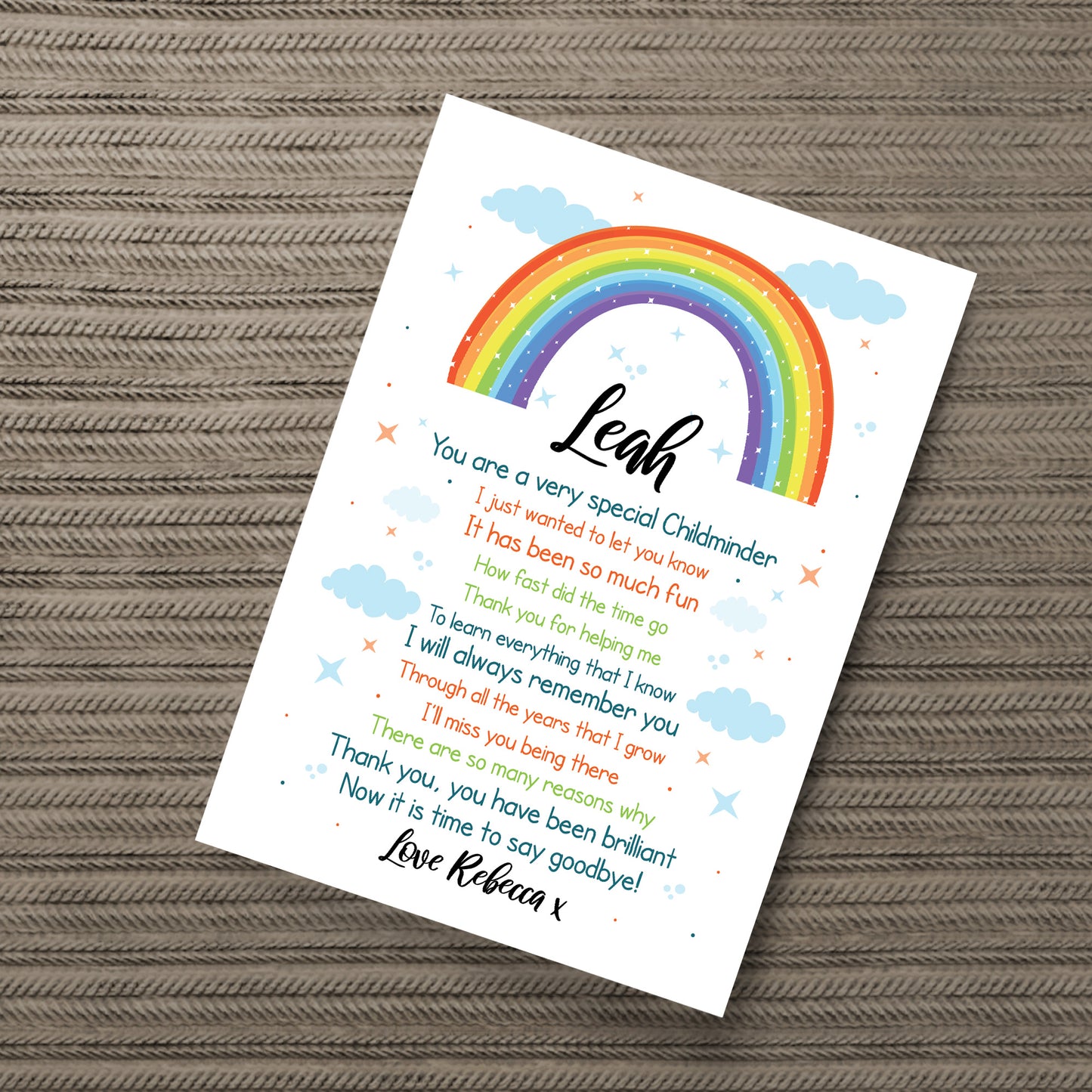 Personalised Rainbow Childminder Gift Print Thank You Teacher