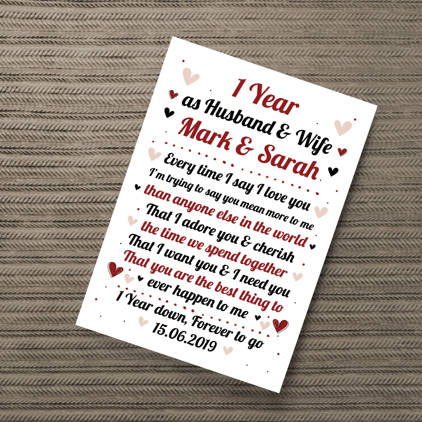 1st Wedding Anniversary Gift For Husband or Wife Print Keepsake