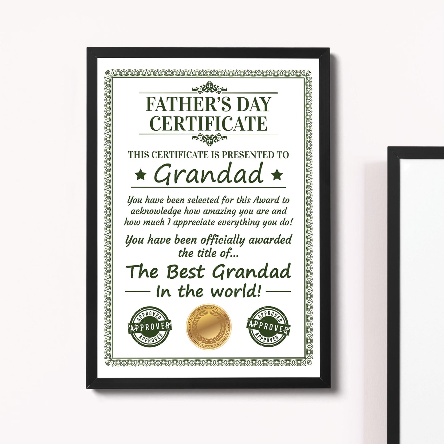 Framed Grandad Certificate For Fathers Day Gift For Grandad