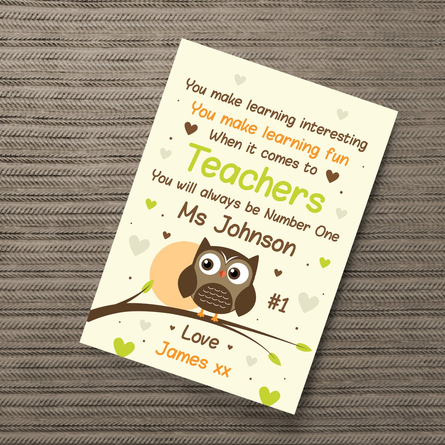 Personalised Thankyou Teacher Assistant Leaving School Owl Gift