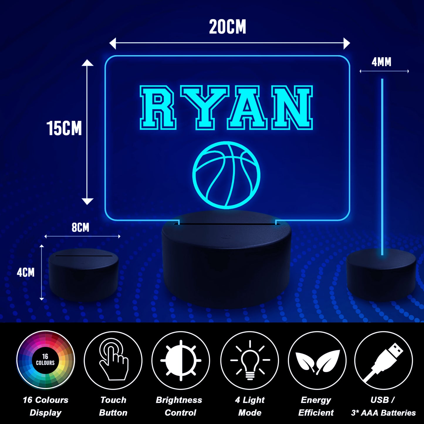 Basketball PERSONALISED LED Neon Plaque Boys Bedroom Basketball