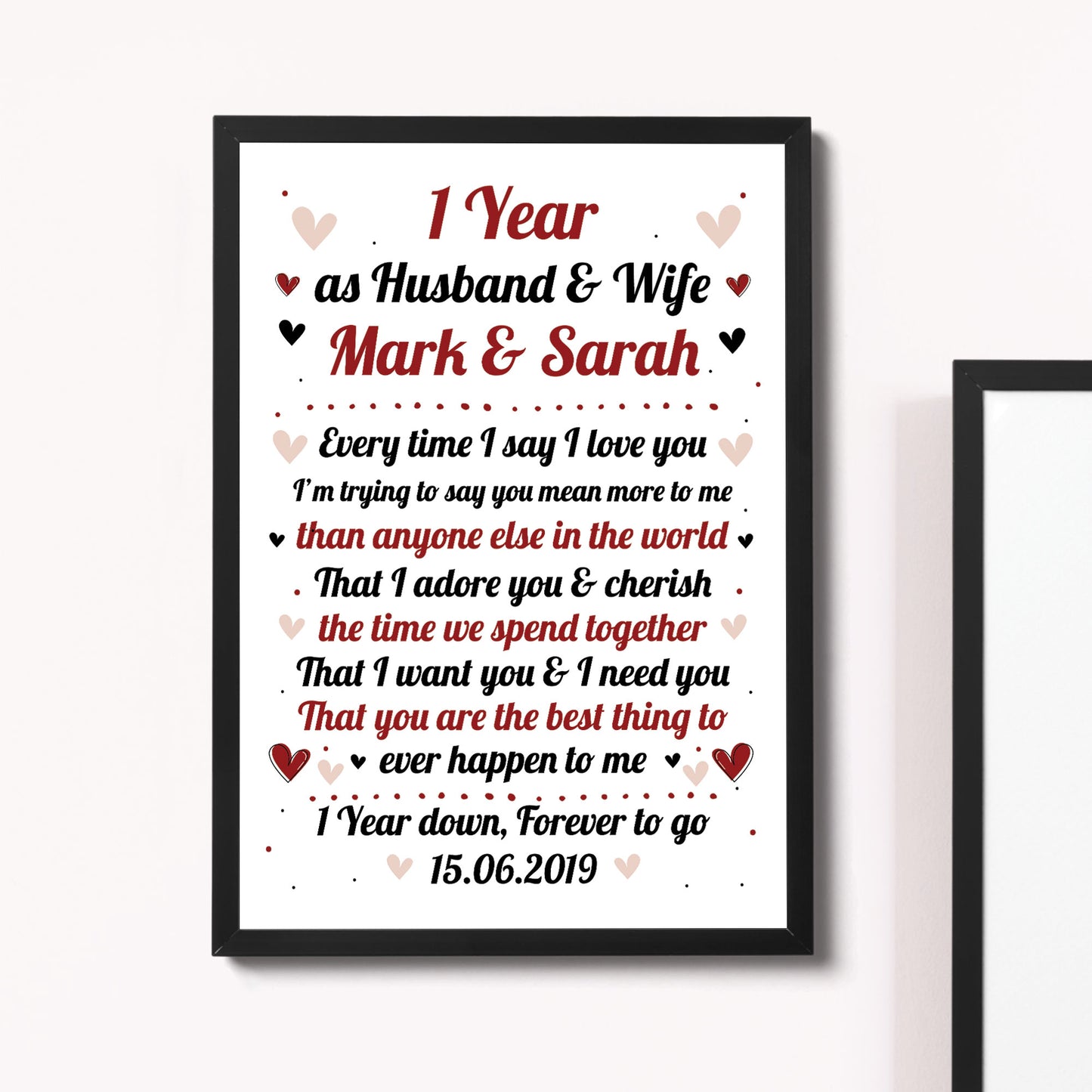 1st Wedding Anniversary Gift For Husband or Wife Framed Print