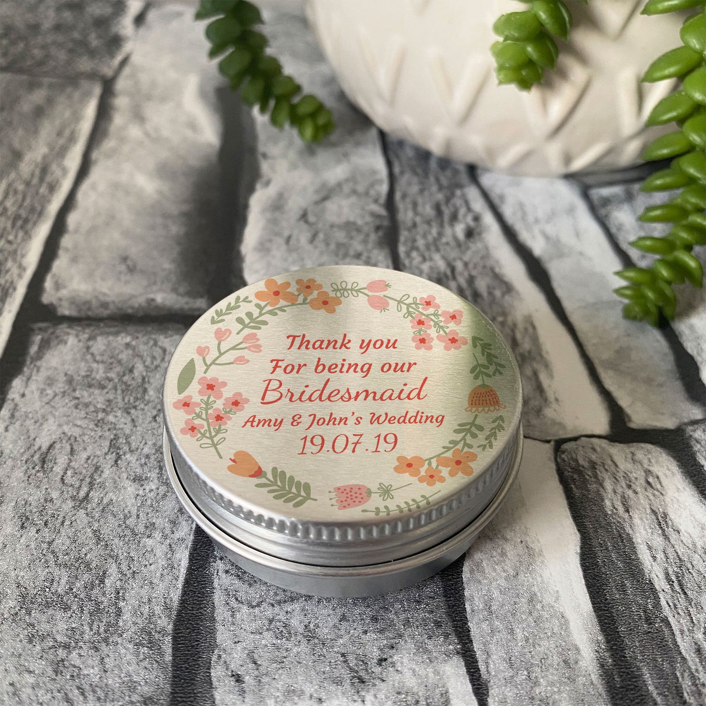 Personalised Wedding Favour Metal Tin Table Decor Bridesmaid