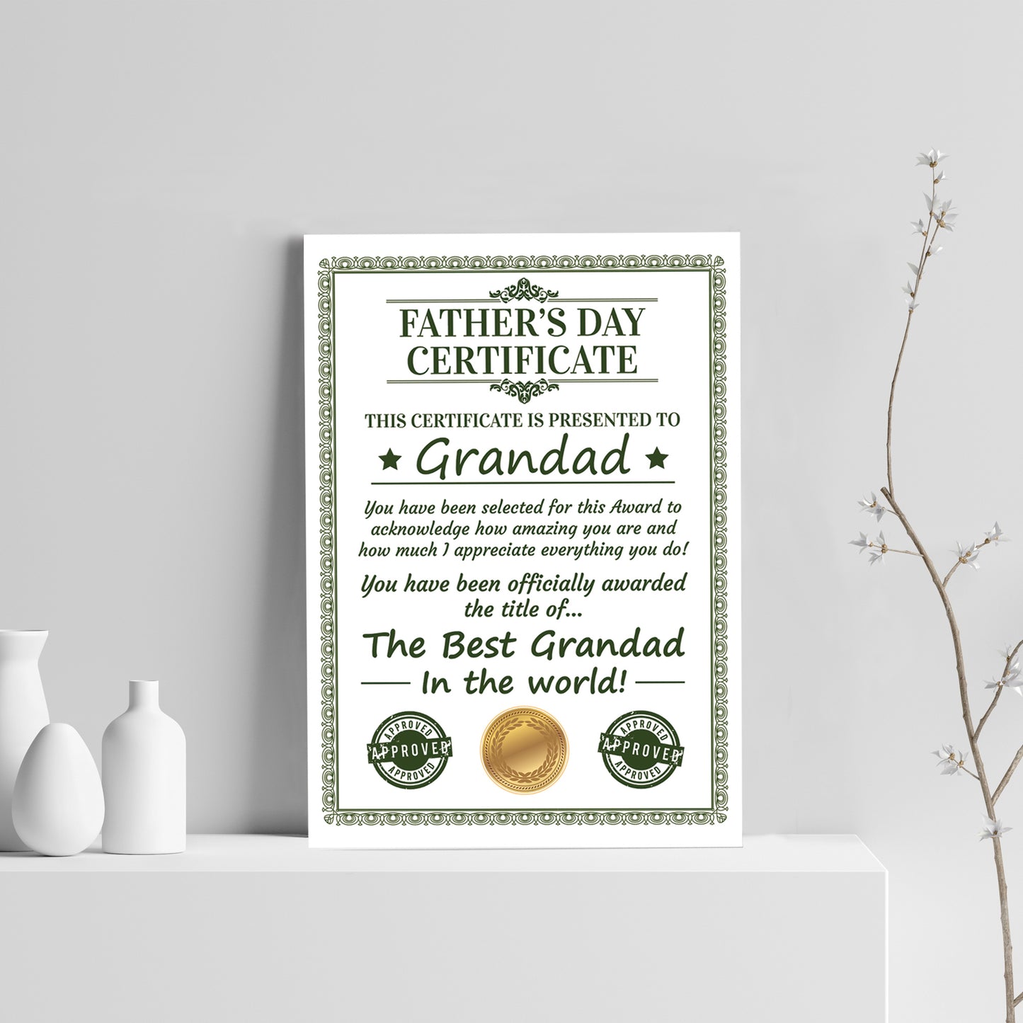 Grandad Certificate For Fathers Day Gift For Grandad Grandparent