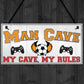 Man Cave Rules Gaming Shed Garage Funny Home Bar Hanging Plaque