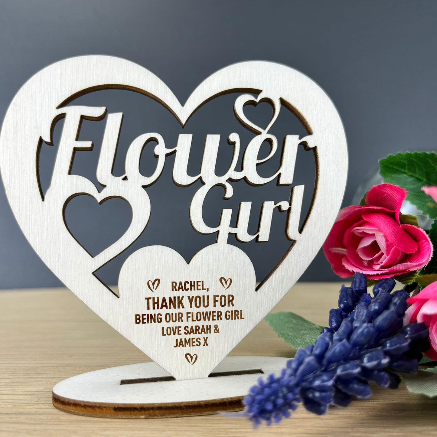 Personalised Flower Girl Thank You Gift Wood Standing Heart