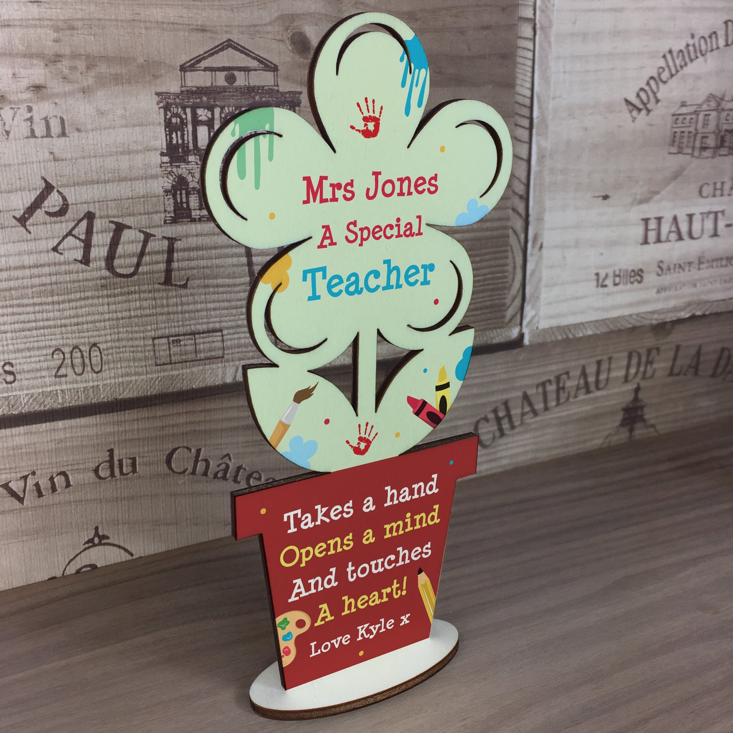 Personalised Best Teacher Gift Thank You Wooden Flower Leaving