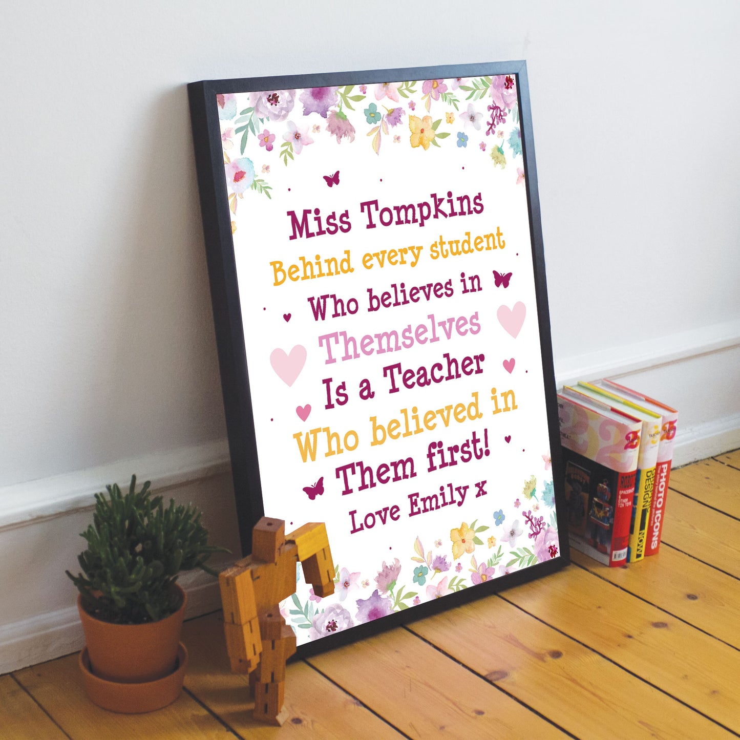 Personalised Teacher Leaving Gift Floral Framed Print Thank You