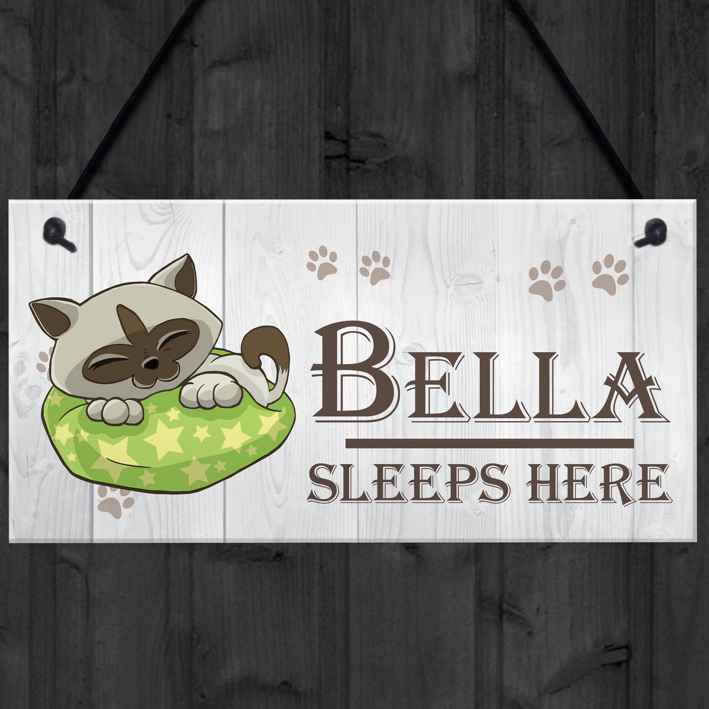 Personalised Cats Name Sleeps Here Hanging Plaque Sign Gift