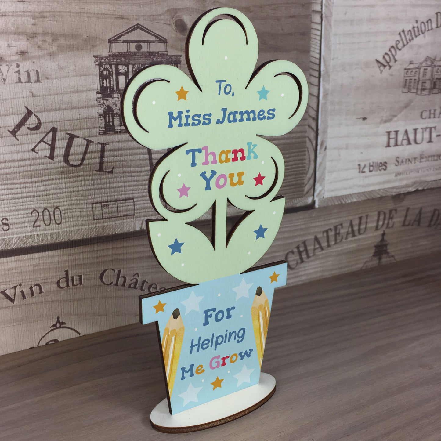 Personalised Teacher Gift Wood Flower School Nursery Pre School