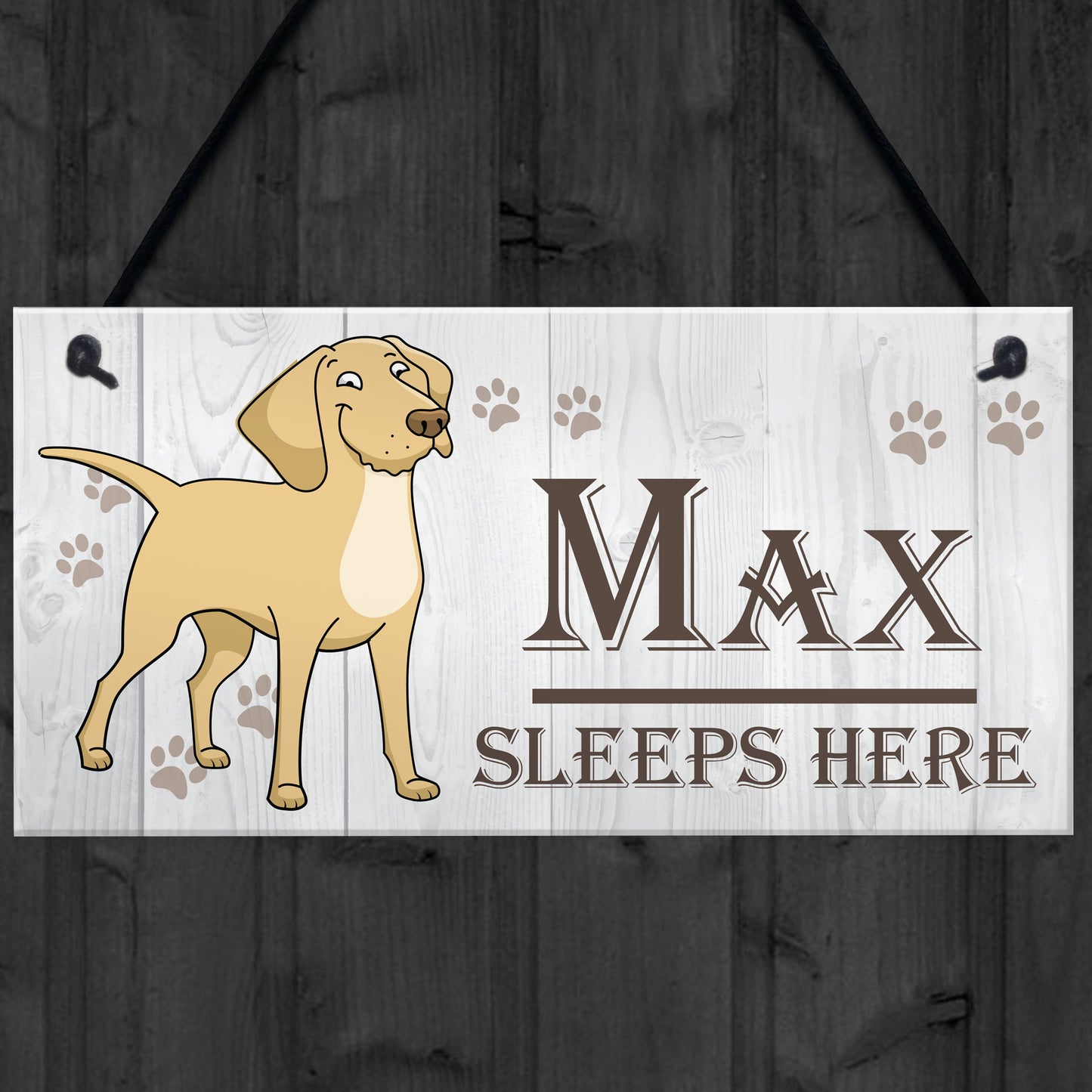 Personalised Dogs Name Sleeps Here Hanging Kennal Bed Sign Gift