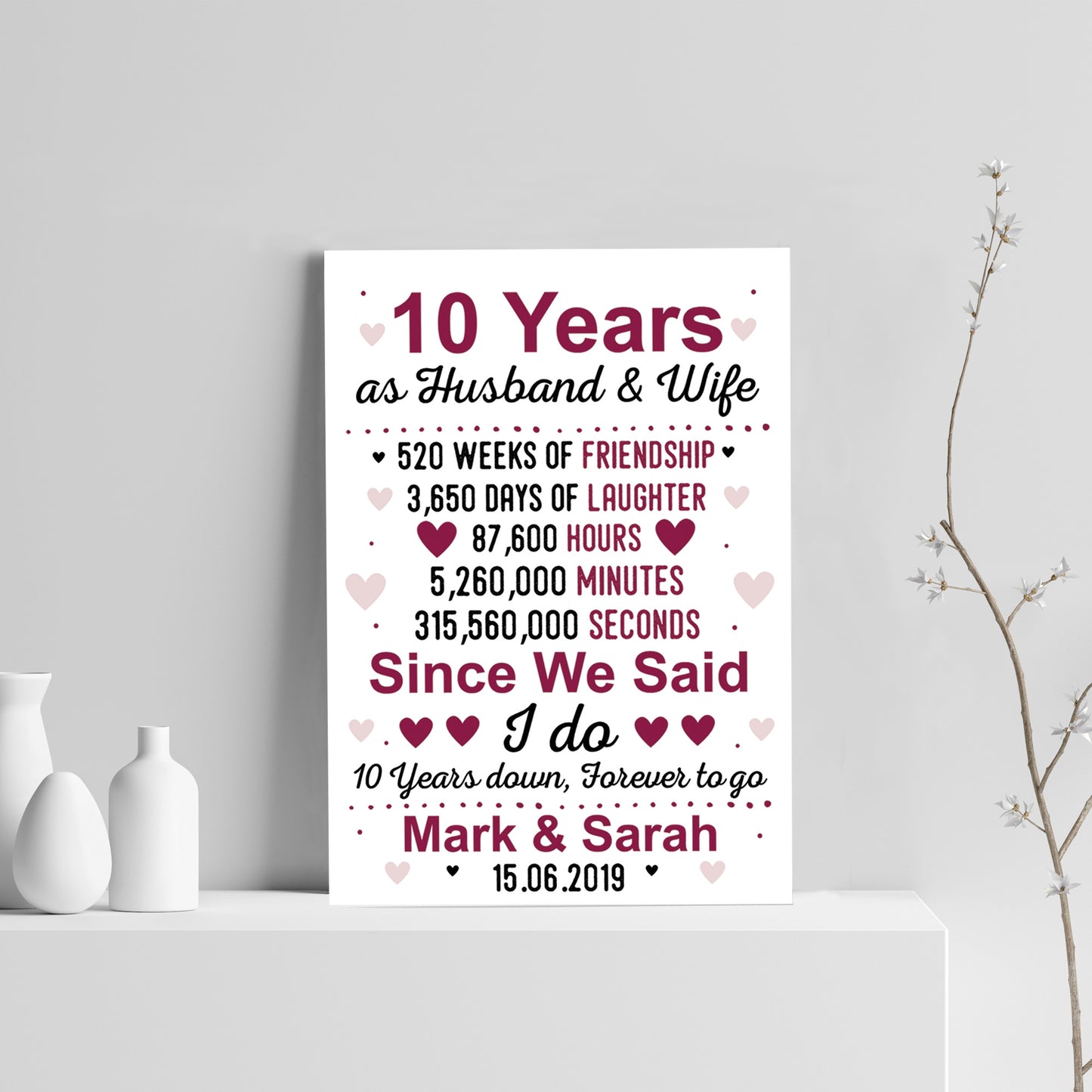 10th Wedding Anniversary Gift Wife Husband Personalised