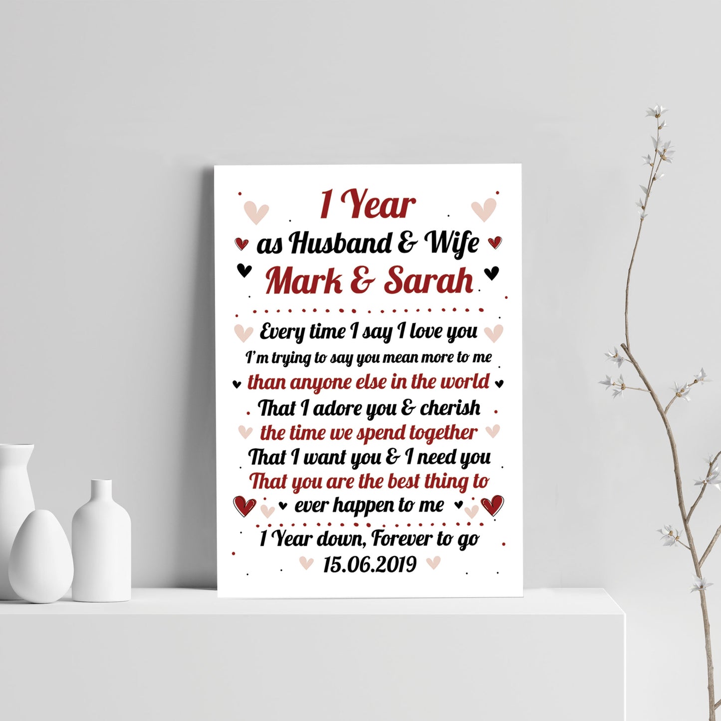 1st Wedding Anniversary Gift For Husband or Wife Print Keepsake