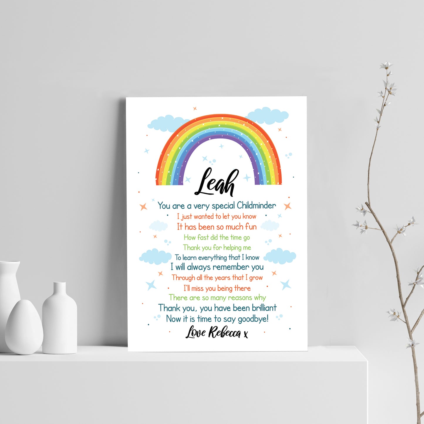 Personalised Rainbow Childminder Gift Print Thank You Teacher