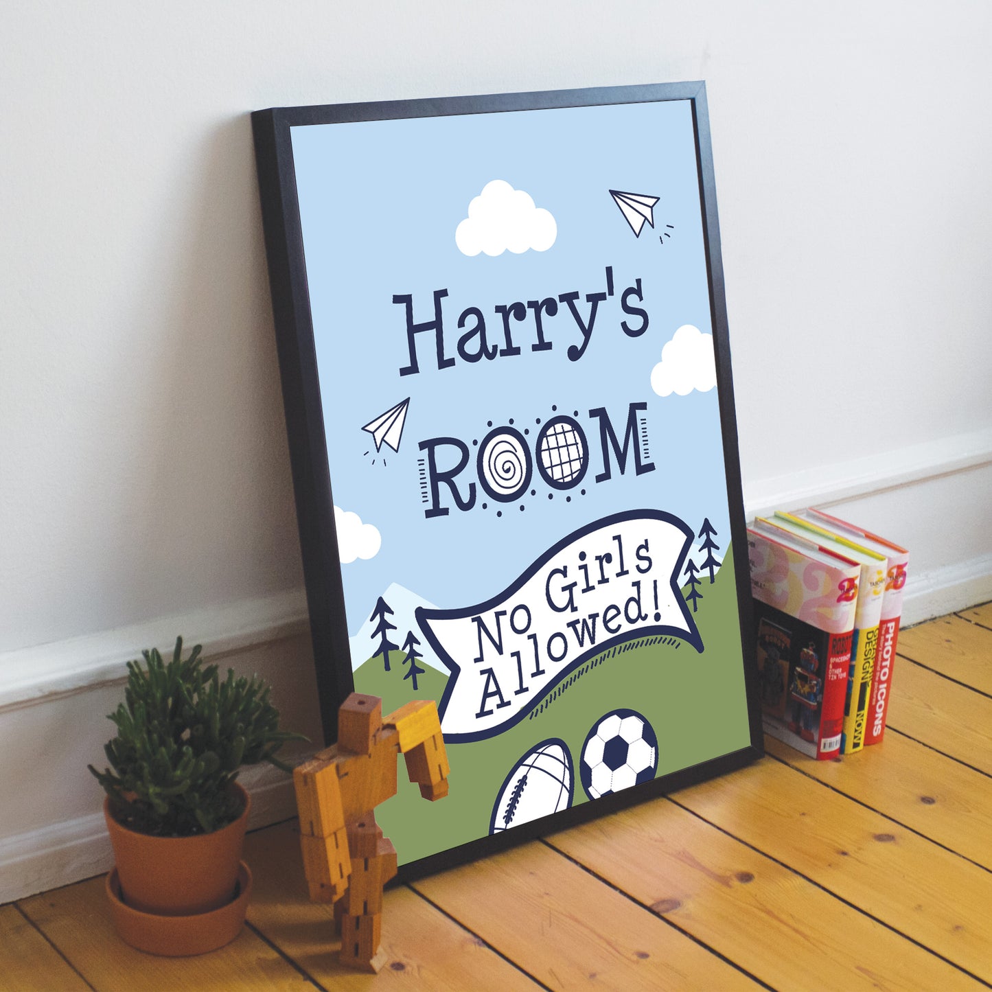 Boys Personalised Bedroom Sign Football Wall Art Framed Print