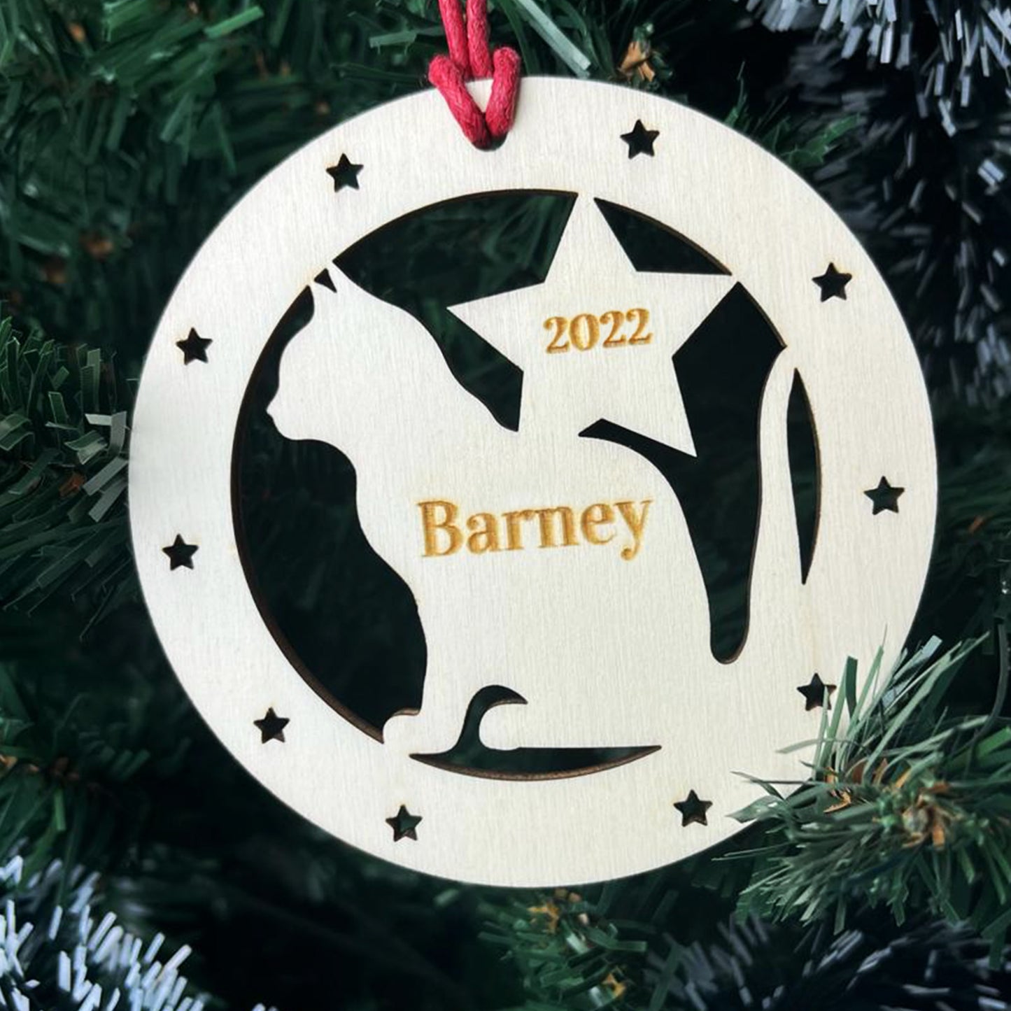 Personalised Cat Bauble Engraved Wooden Tree Decoration Pet Cat