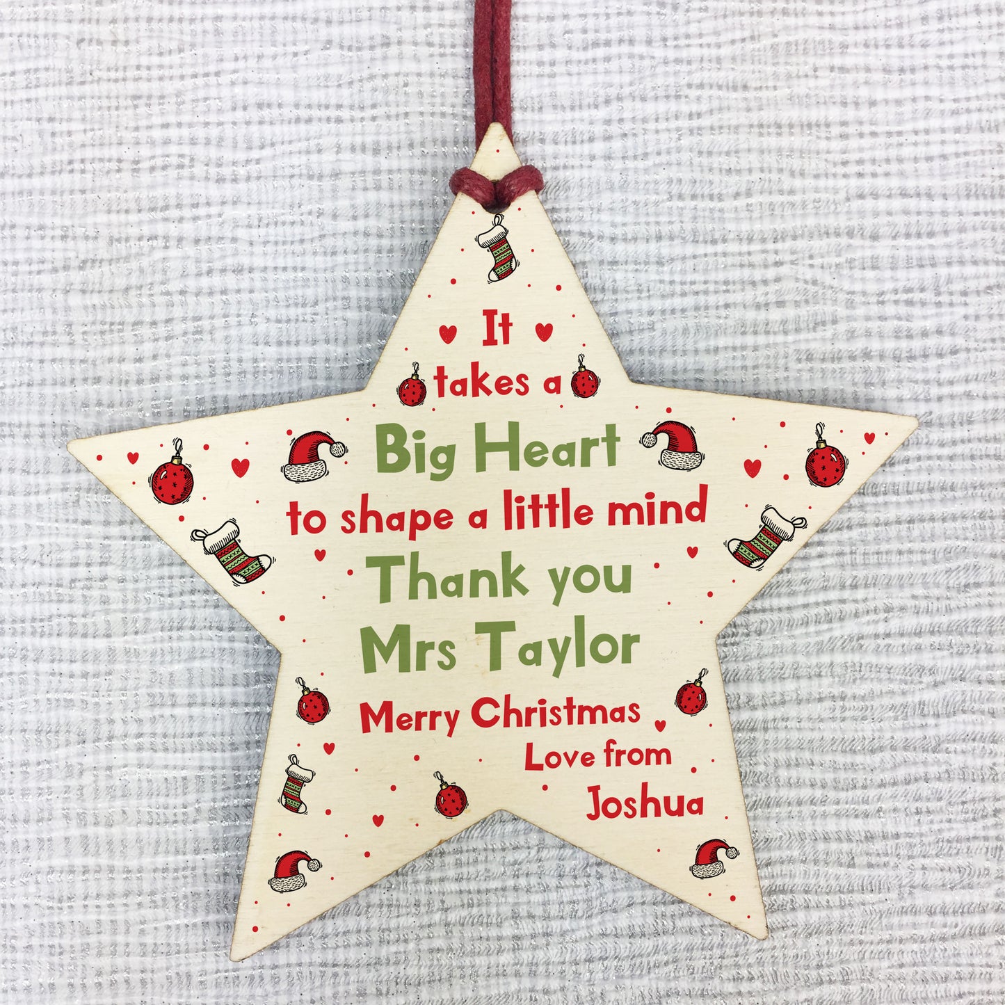 Thank You Teacher Christmas Gift Wood Star Personalised Nursery