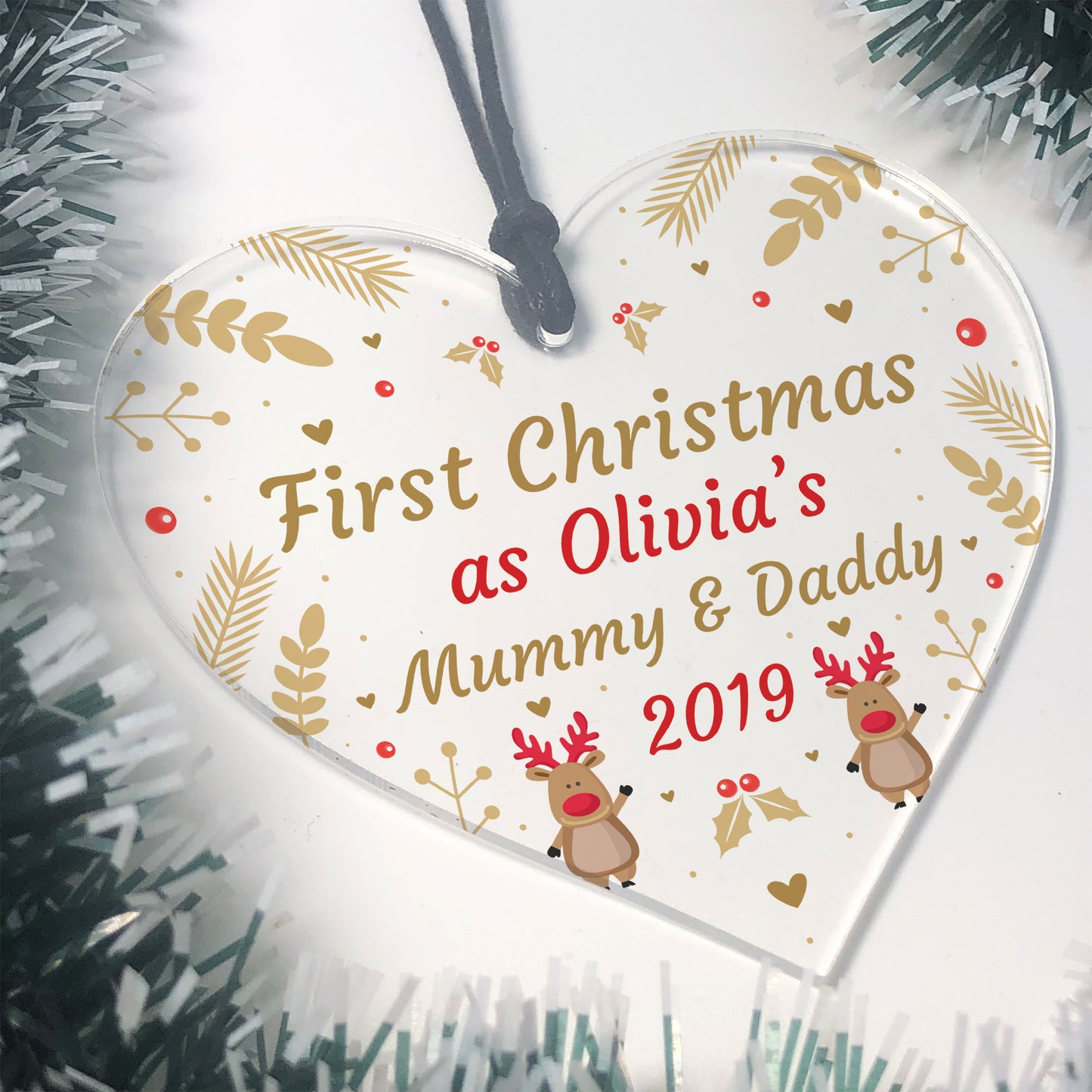 1st Christmas Decoration Personalised Mummy And Daddy Heart Xmas