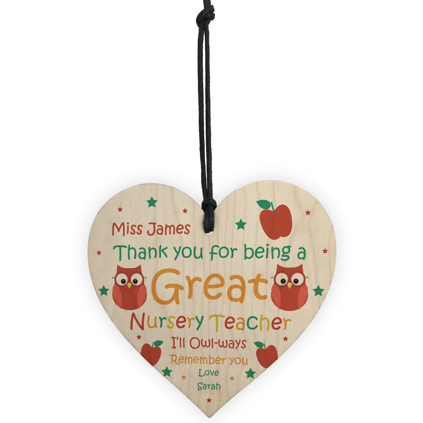 Thank You NURSERY Teacher Gift Heart Hanging Sign Personalised