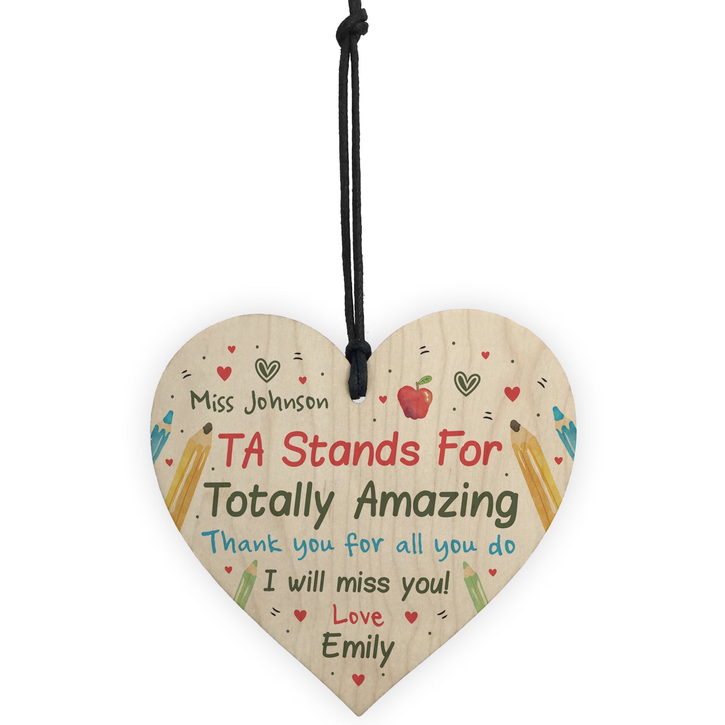 Personalised TA Assistant Gift Wood Heart Thank you Leaving Gift