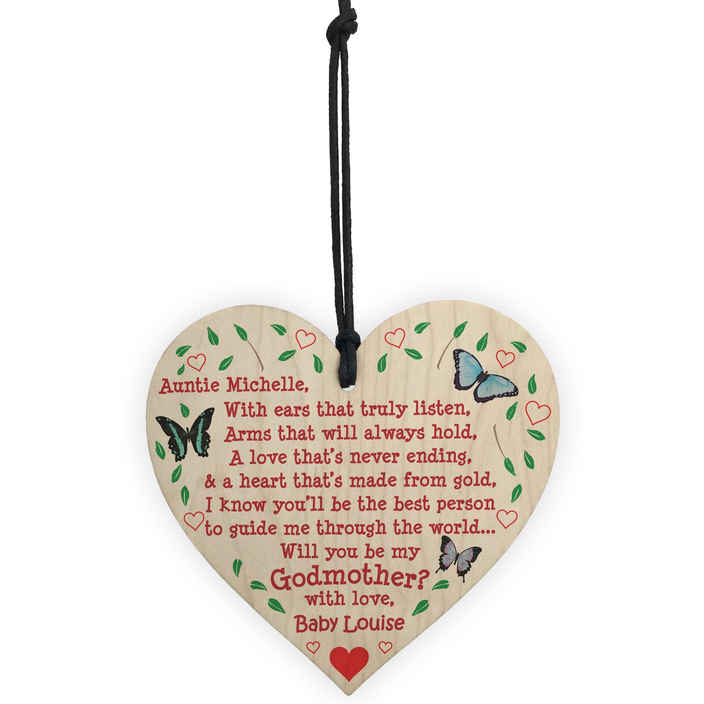 Will You Be My Godmother Personalised Wooden Hanging Heart Gift