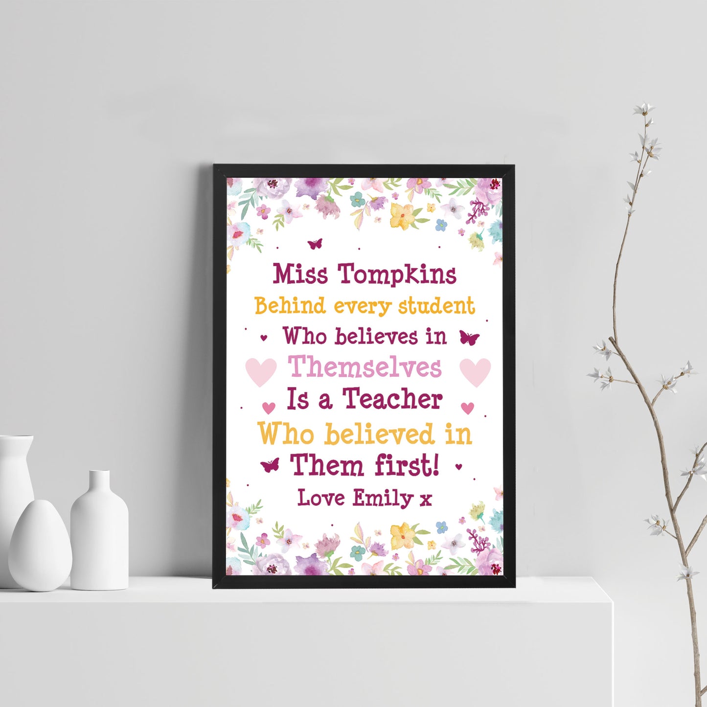 Personalised Teacher Leaving Gift Floral Framed Print Thank You