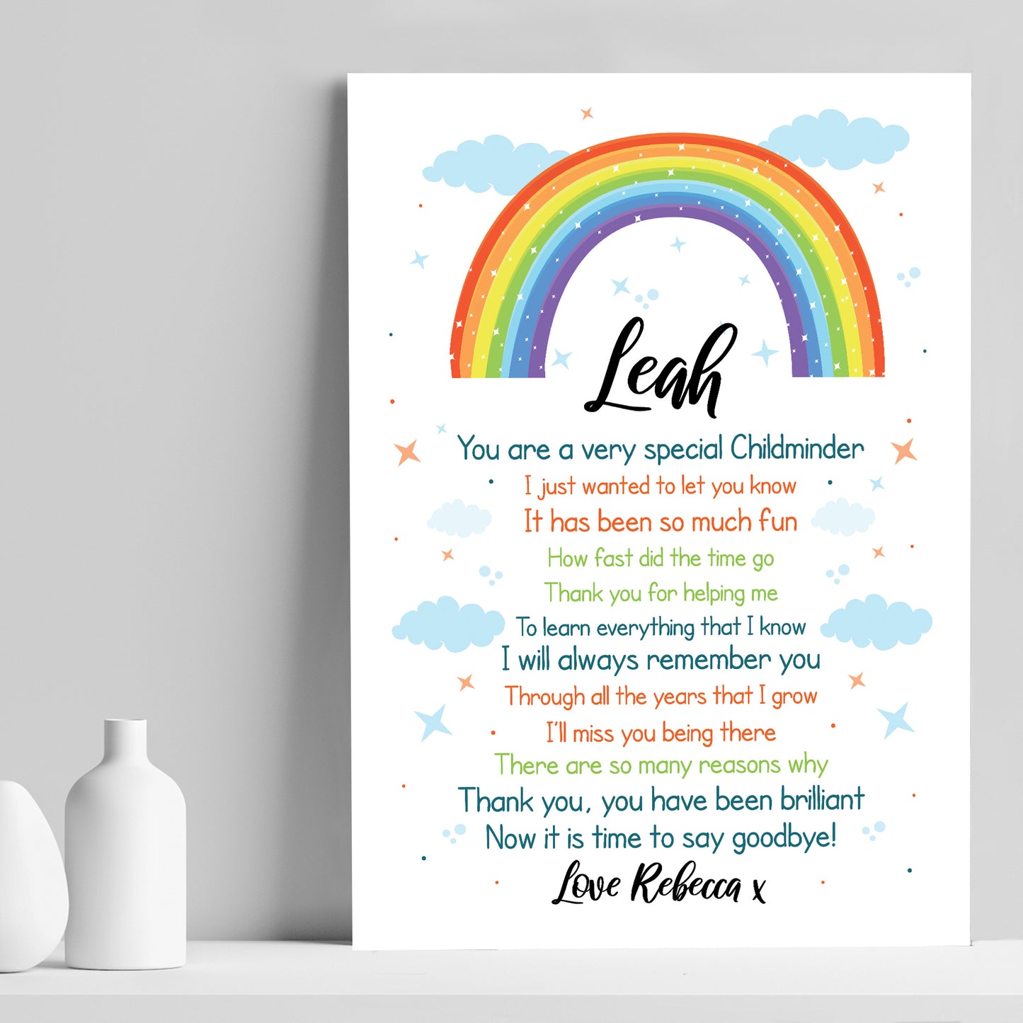 Personalised Rainbow Childminder Gift Print Thank You Teacher