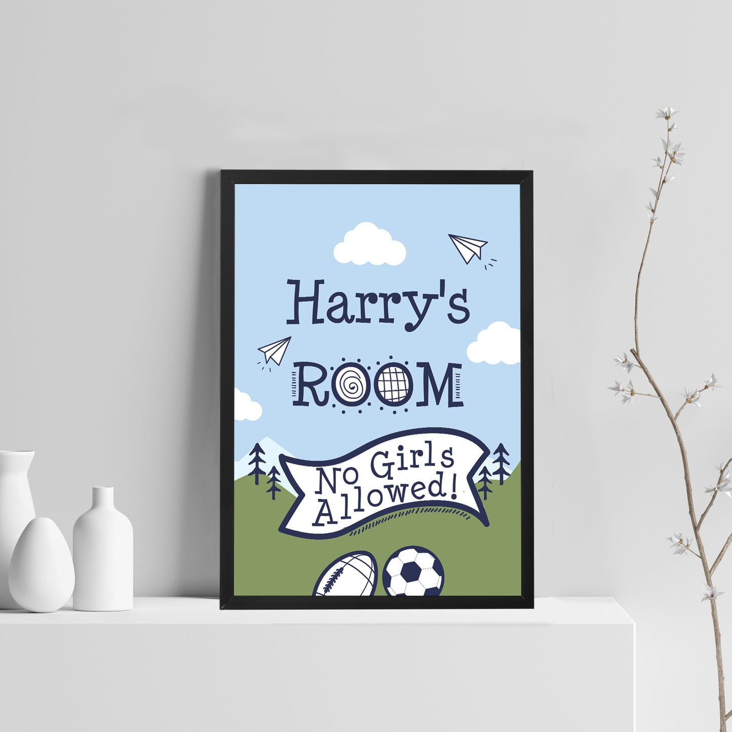 Boys Personalised Bedroom Sign Football Wall Art Framed Print