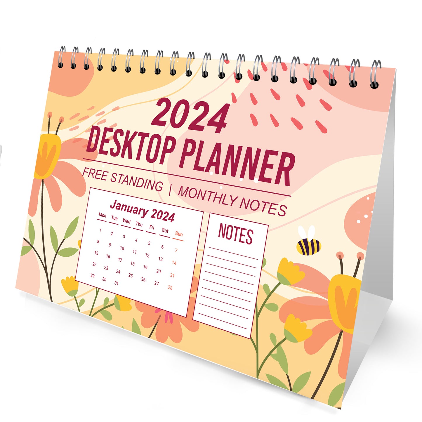 2024 Calendar Floral Spiral Bound Planner for Home Office Desk