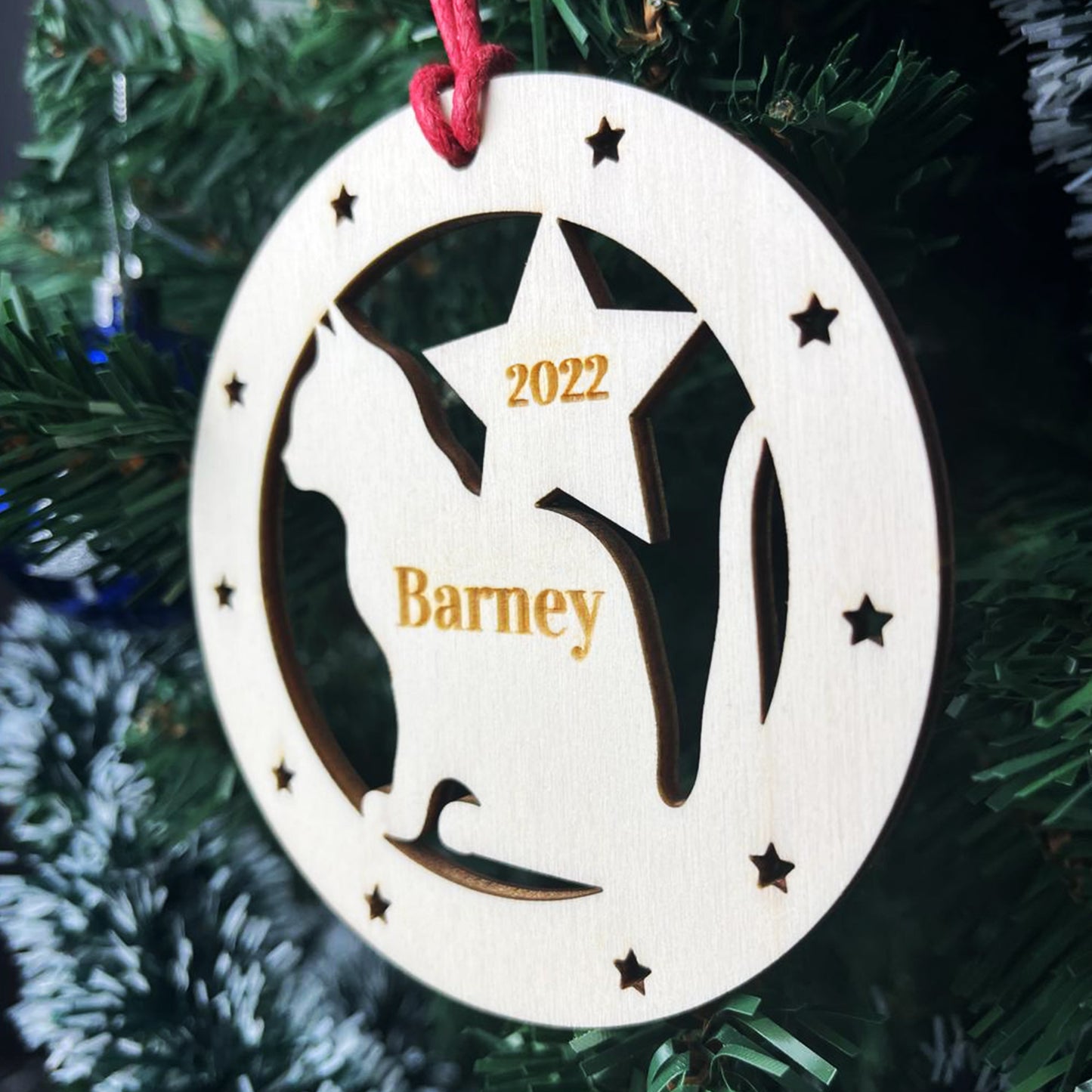 Personalised Cat Bauble Engraved Wooden Tree Decoration Pet Cat