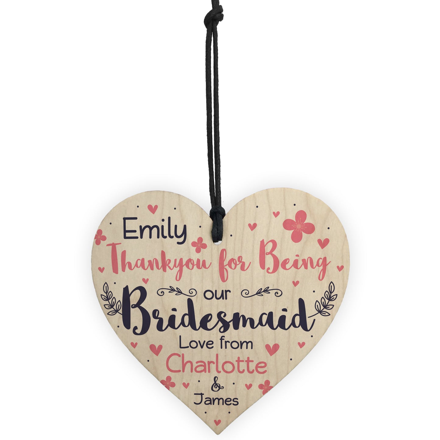 Personalised Thank You Gift For Bridesmaid Wood Heart Plaque
