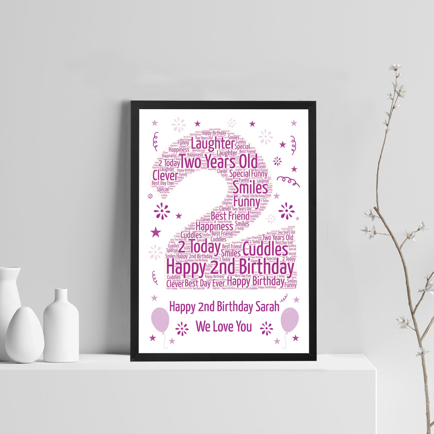 Personalised 2nd Birthday Gift Framed Word Art Print Baby Girl