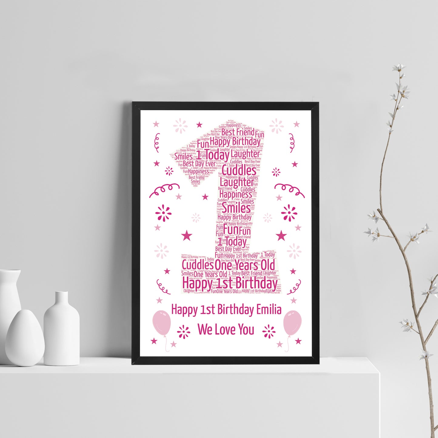 Personalised 1st Birthday Gift Framed Word Art Print Keepsake