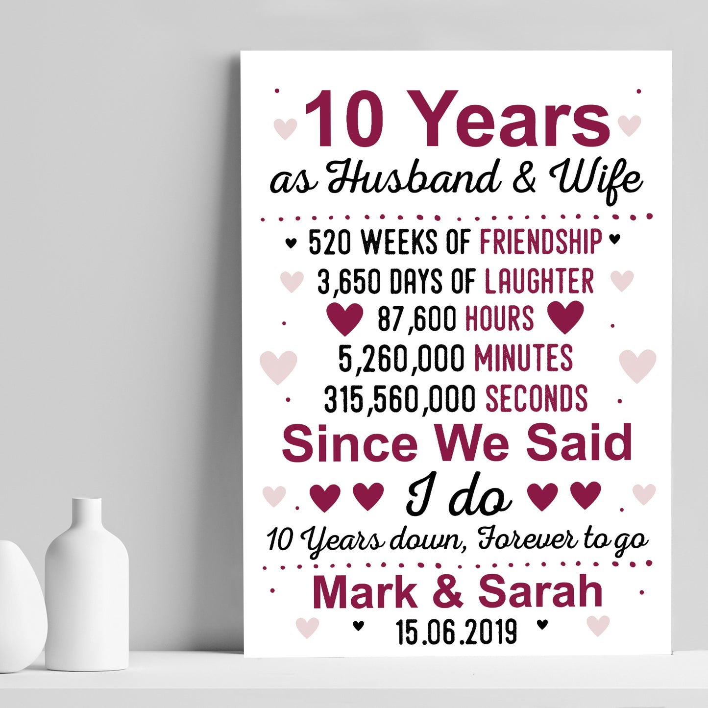 10th Wedding Anniversary Gift Wife Husband Personalised