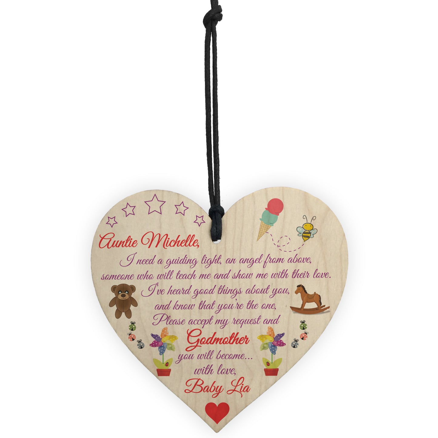 Personalised Godmother You Will Become Poem Hanging Heart Sign