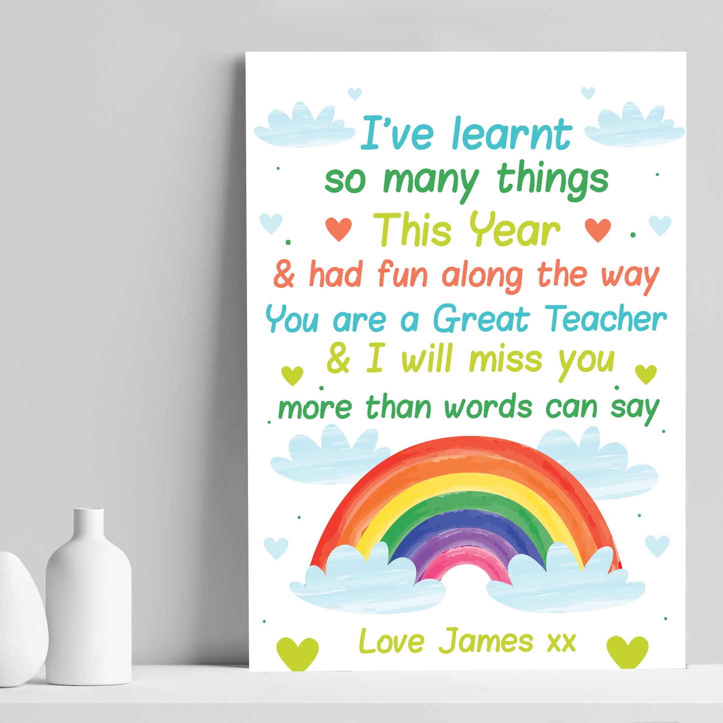 Nursery Pre School Teacher Personalised Rainbow Print Leaving