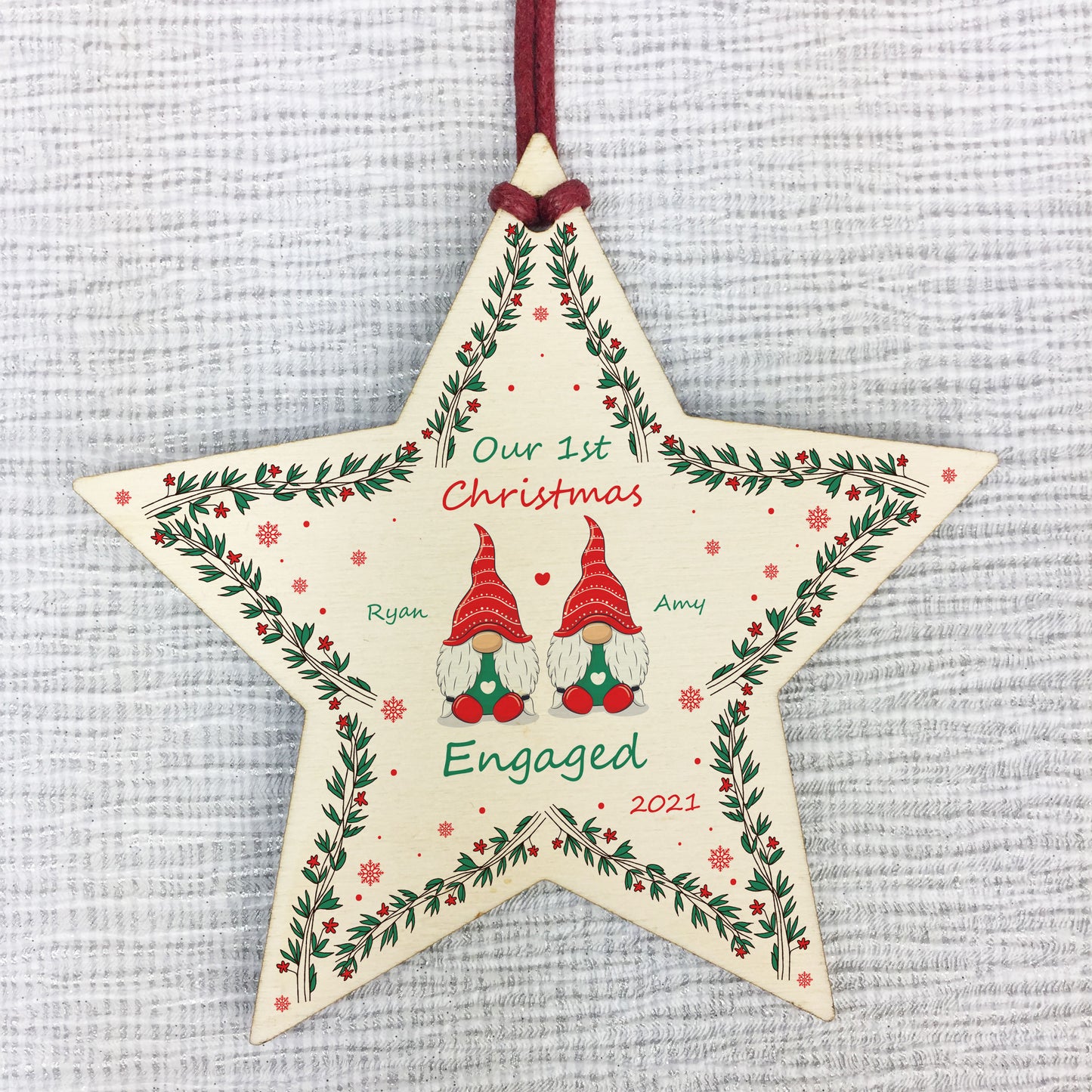 1st Christmas Engaged Wood Bauble Star Personalised Gift