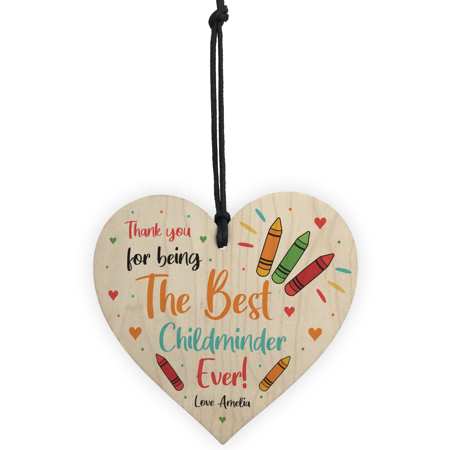 Colourful Gift For Childminder Wood Heart Personalised Thank You