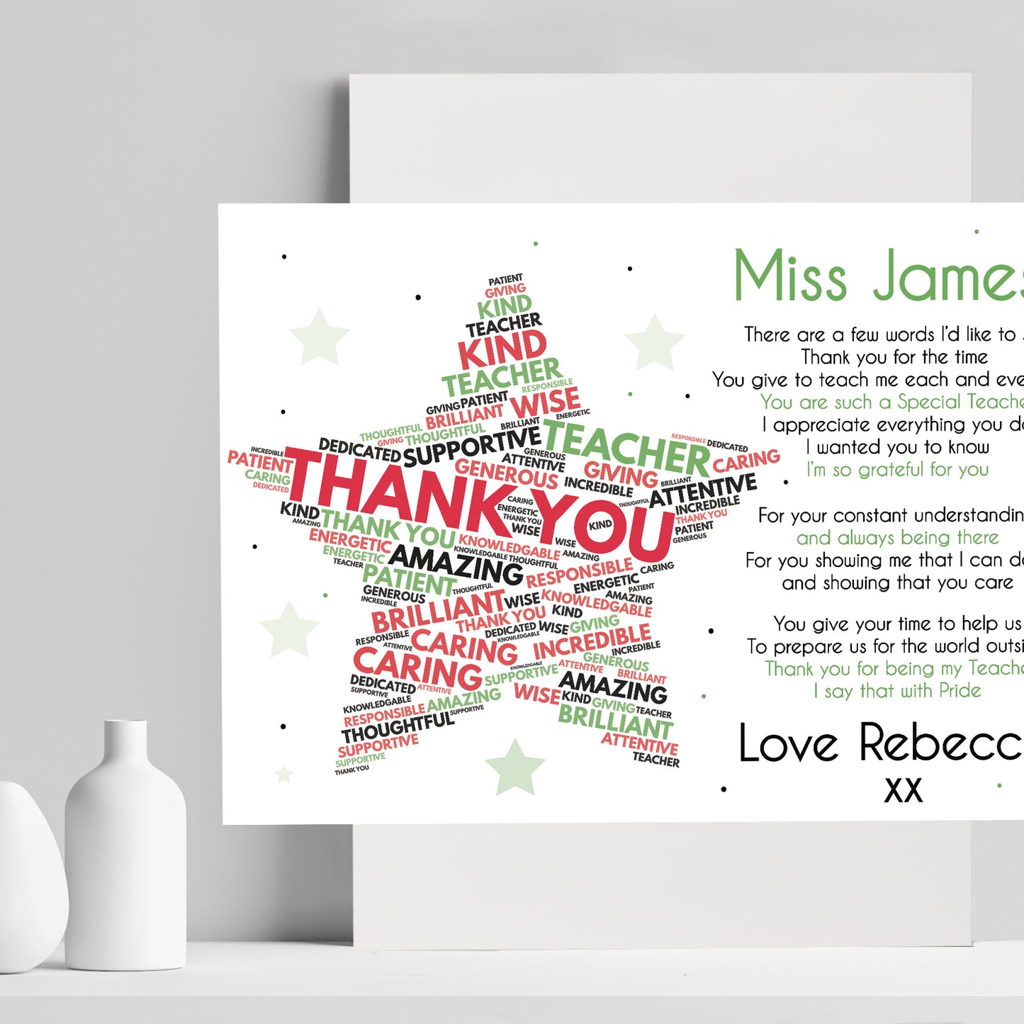 Personalised Thank You Teacher Gift Leaving School Nursery Poem