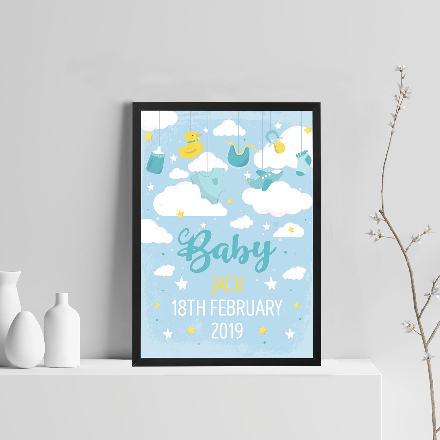 FRAMED Birth Details Print PERSONALISED Baby Boy Gift Wall Art