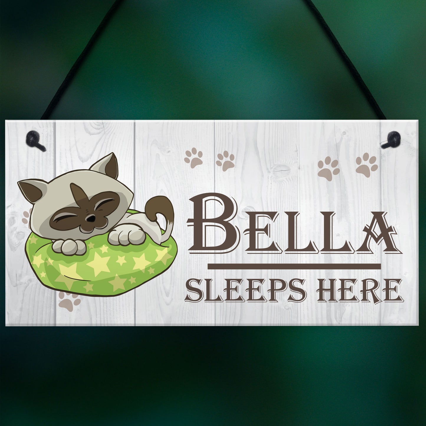 Personalised Cats Name Sleeps Here Hanging Plaque Sign Gift