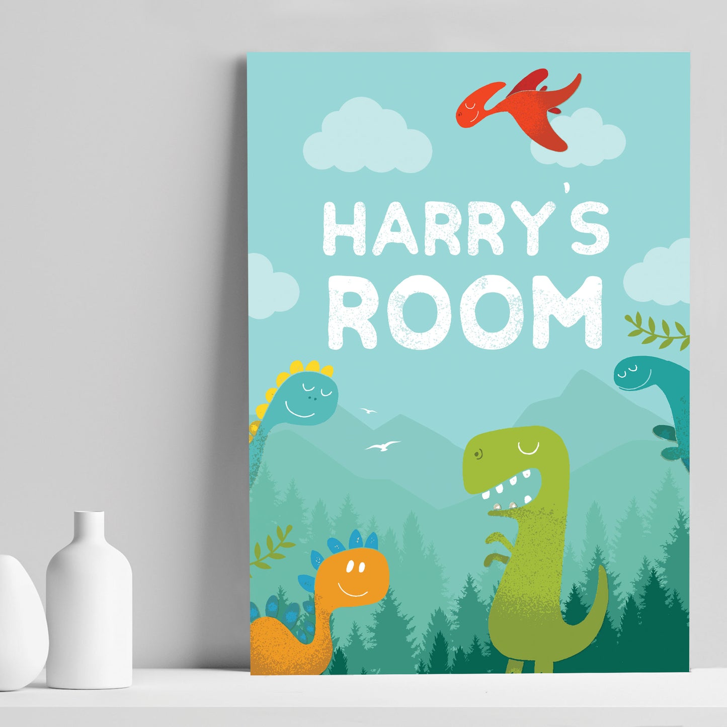 PERSONALISED Dinosaur Print Boys Bedroom Wall Art Decoration