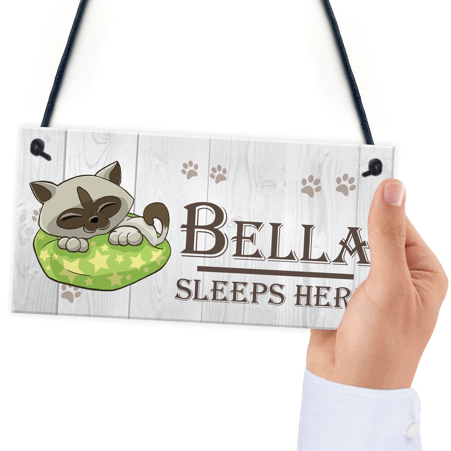 Personalised Cats Name Sleeps Here Hanging Plaque Sign Gift