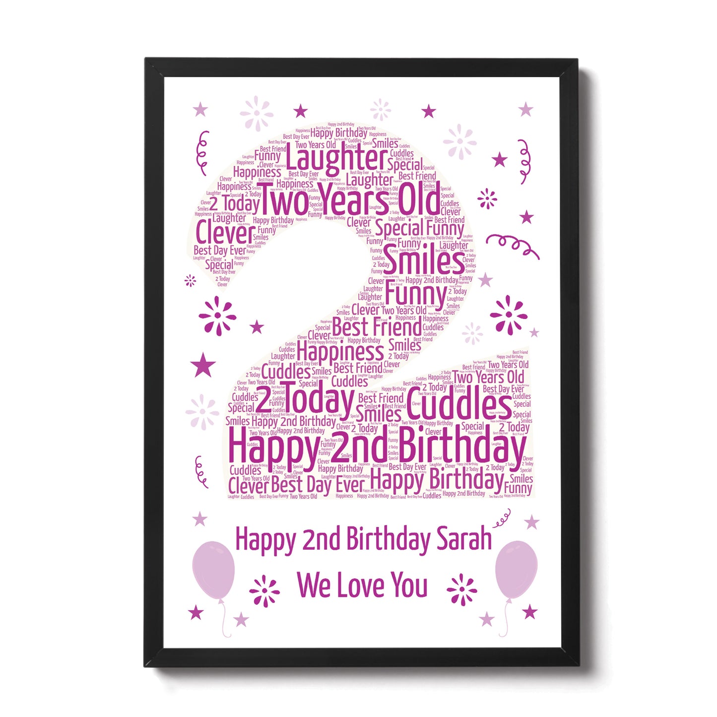 Personalised 2nd Birthday Gift Framed Word Art Print Baby Girl