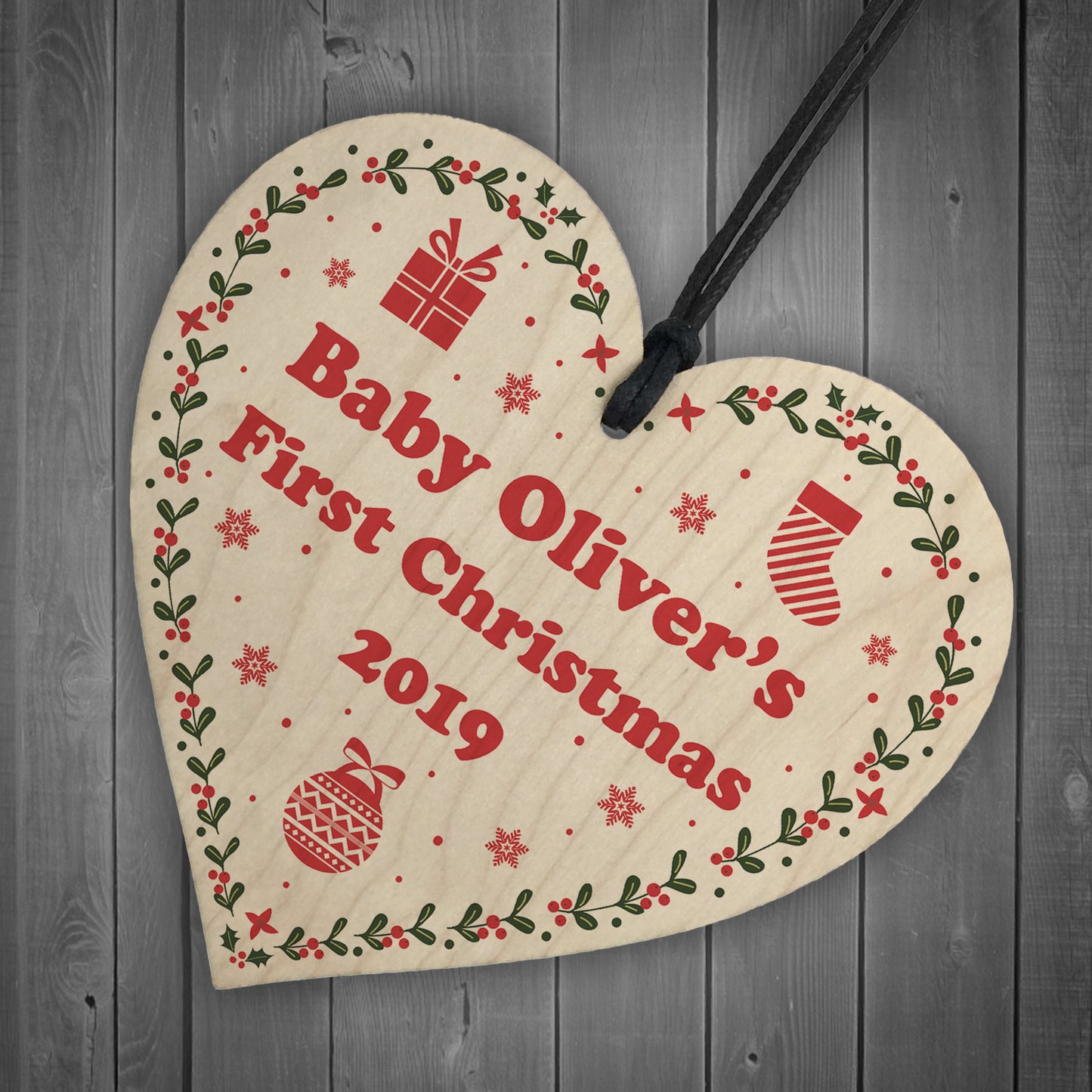 1st Christmas Gift For Baby Personalised Wooden Heart Tree Decor