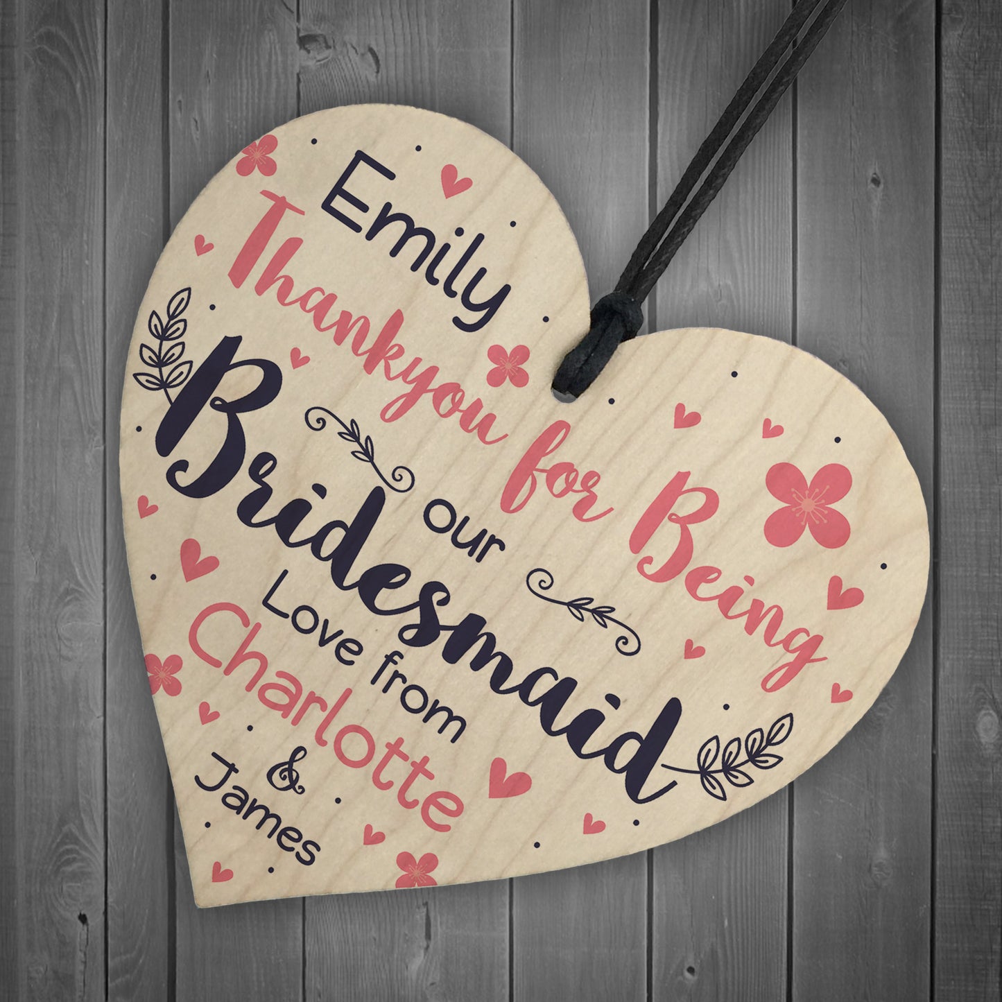 Personalised Thank You Gift For Bridesmaid Wood Heart Plaque