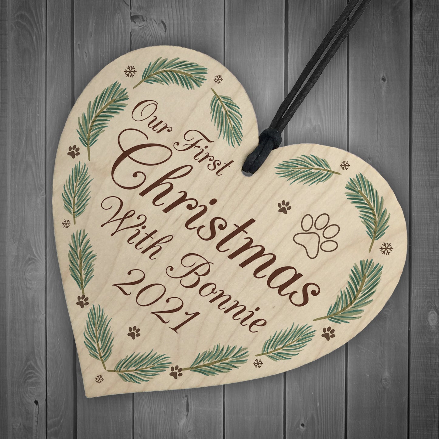 1st Christmas With Dog Puppy Wood Heart Bauble Personalised